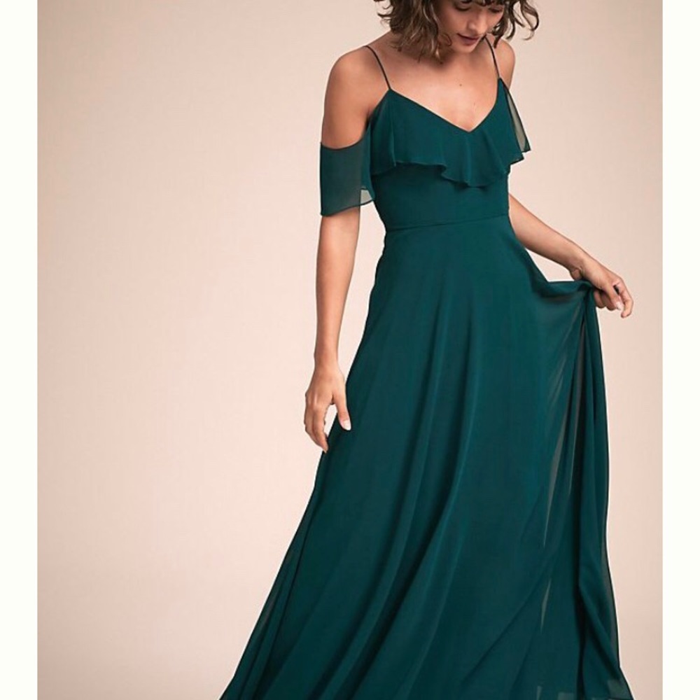 Anthropologie Teal Green Off-Shoulder Ruffle Wedding Dress
